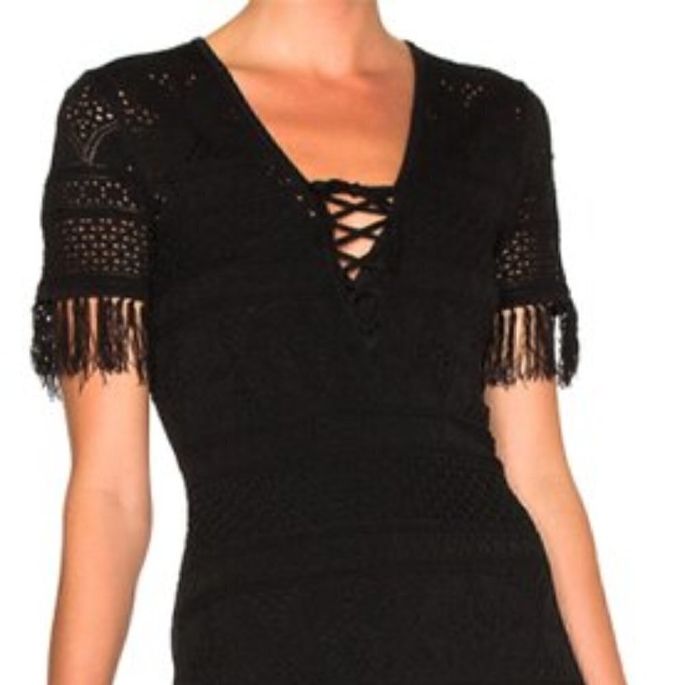 SALE A.L.C. Trevi Black V-Neck Tie-Front Detail Crochet Fringed Midi Dress Large - Picture 5 of 15